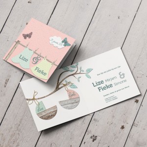 Vintage geboortekaartje voor een tweeling met waslijn en origami vlinders