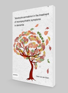 Cover van een proefschrift met een illustratie van een boom in de vorm van hersenen, waarbij weawaaiende bladeren worden aangevuld met cannabisblaadjes.