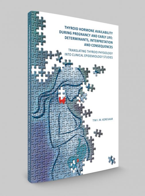 Cover van het proefschrift "De schildklier en zwangerschap" met een silhouet van een zwangere vrouw in puzzelstukjes en rode accenten.
