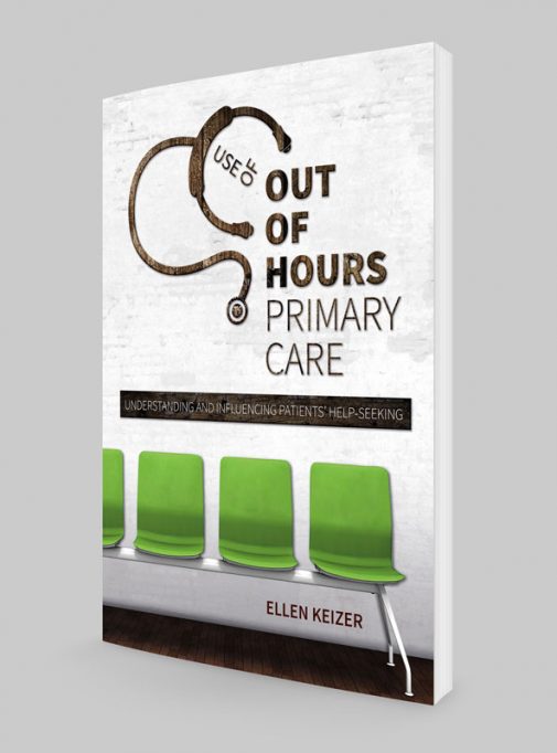 Cover van een proefschrift met een illustratie van een huisartsenpost-wachtkamer en een symbolisch klok-stethoscoop logo