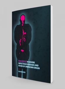 Cover van een medisch proefschrift waarbij de roze vloeistof op een FDG-PET/CT-scan glanst door het gebruik van UV-spotlak