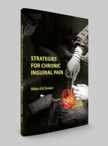 Coverontwerp proefschrift met een operatiefoto waarbij de liesstreek in kleur is uitgelicht op een zwart-wit achtergrond.