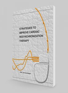 Ontwerp van de cover van een medisch proefschrift over CRT-pacemakertherapie met een leerstructuur en abstracte ECG-lijnen.