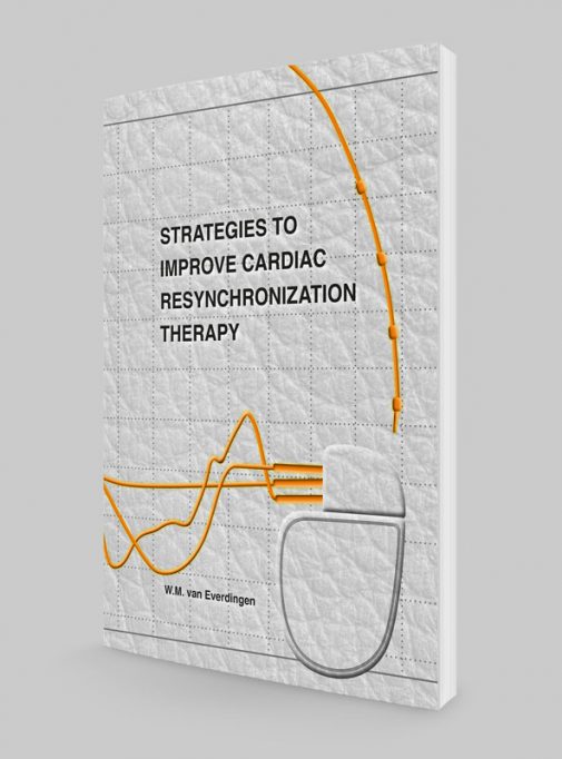 Ontwerp van de cover van een medisch proefschrift over CRT-pacemakertherapie met een leerstructuur en abstracte ECG-lijnen.